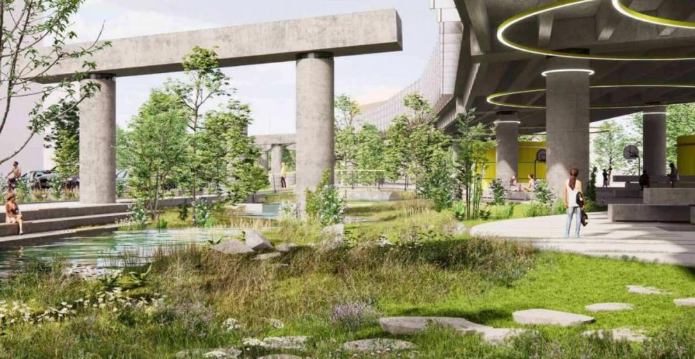 Projektskitse for halveringen af Bispeengbuen og et nyt grønt byrum nedenfor