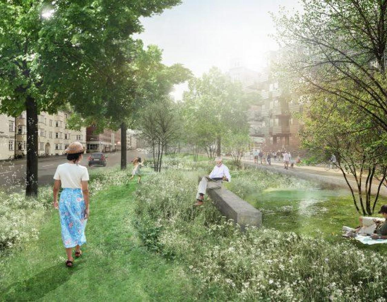 strandboulevarden, parkstrøg, solskinsdag.