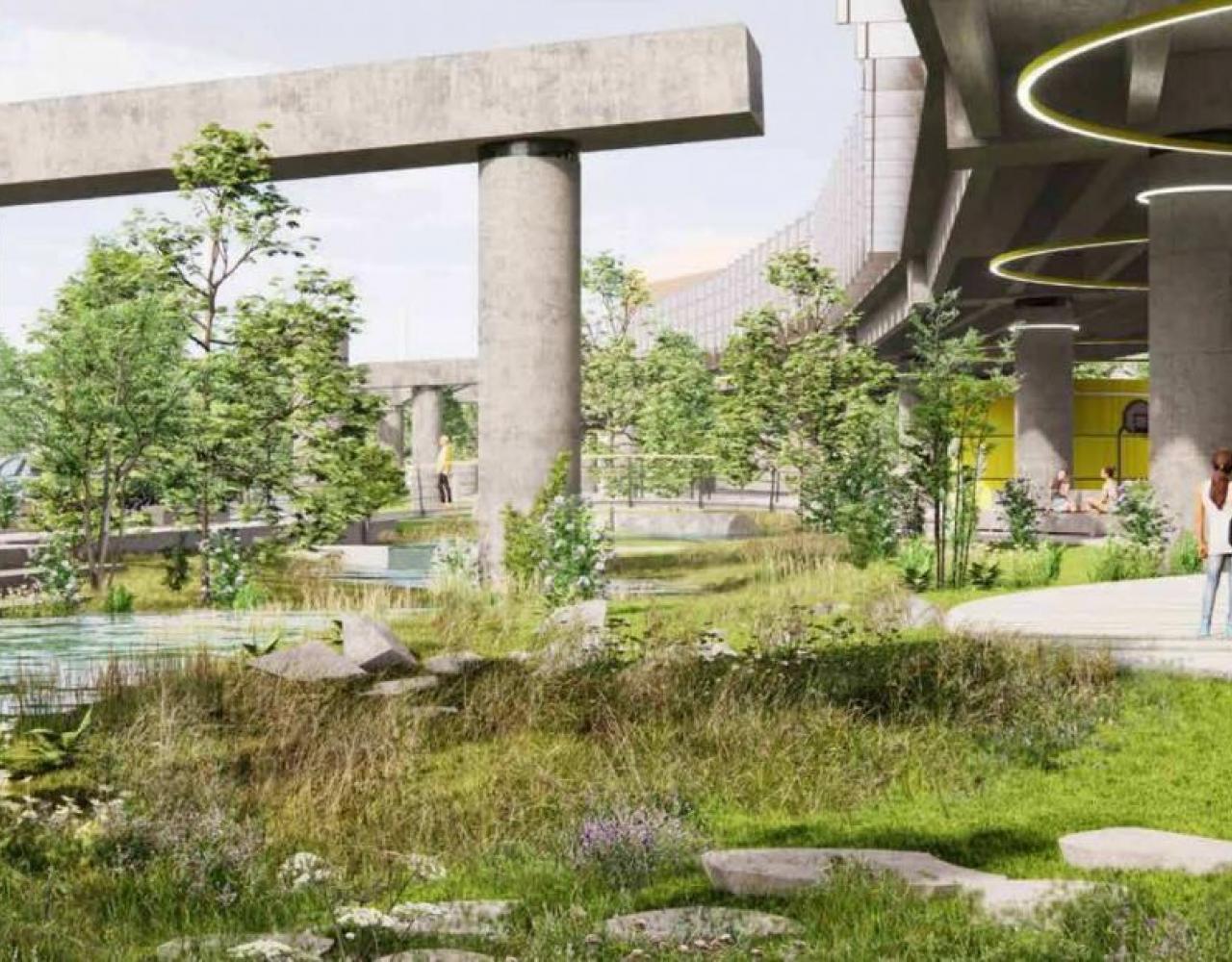 Projektskitse for halveringen af Bispeengbuen og et nyt grønt byrum nedenfor
